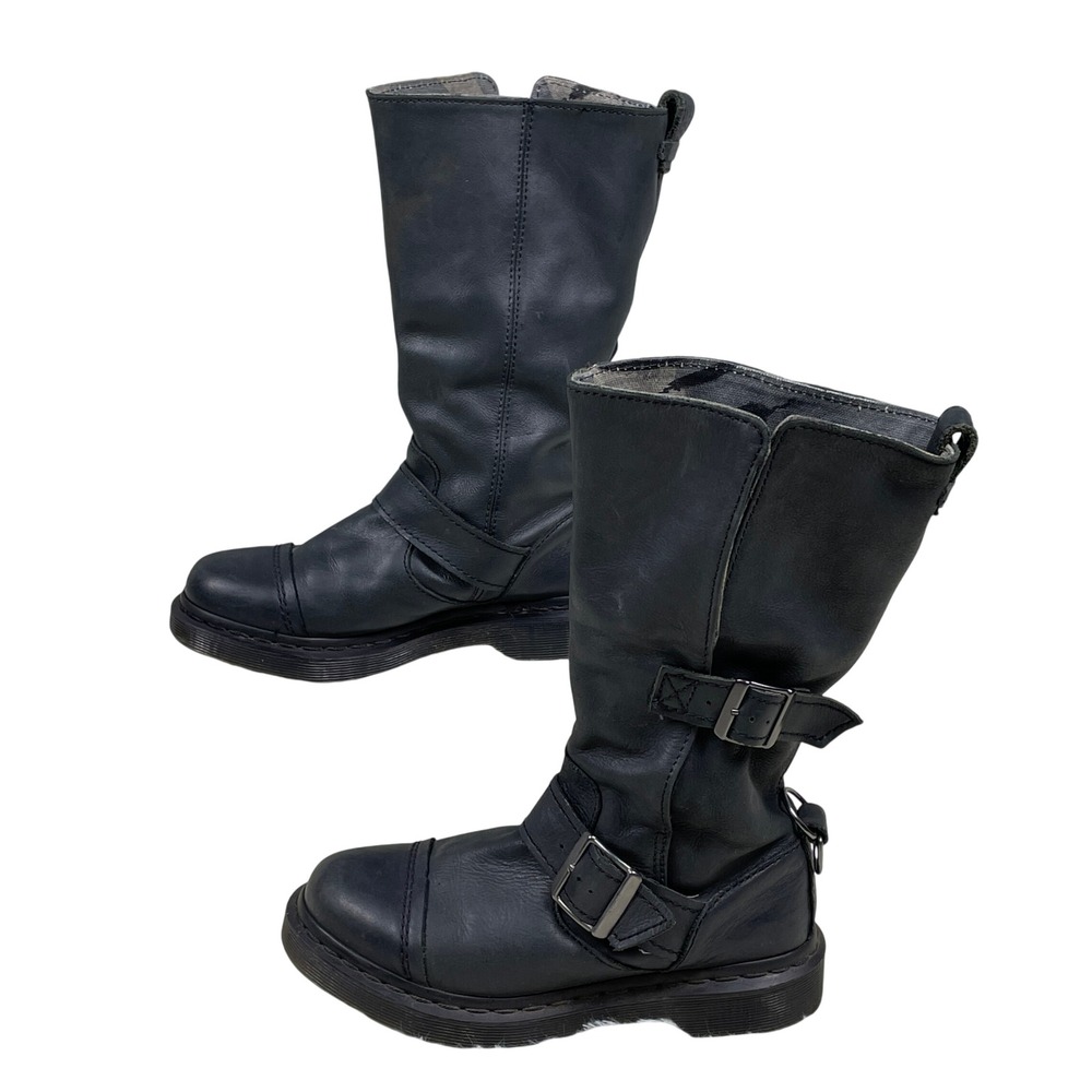Dr. Martens Kathleena Mid Calf Biker Boots Womens 5 Black Excellent Buckle Strap